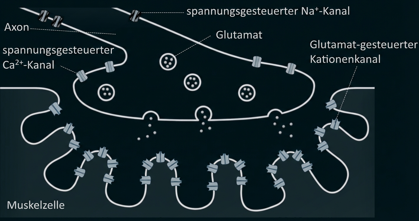 Schematische Synapse: Axonterminal mit Vesikeln, Glutamatfreisetzung an Muskelzelle